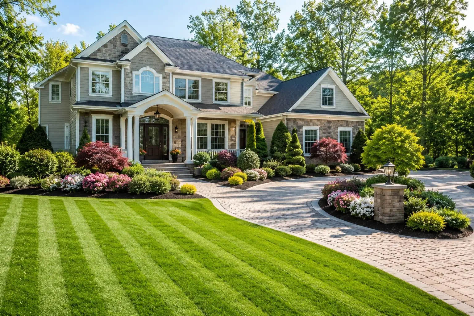 Beautifully landscaped home with a striped lawn, flower beds, and paver driveway by Vista Hermosa